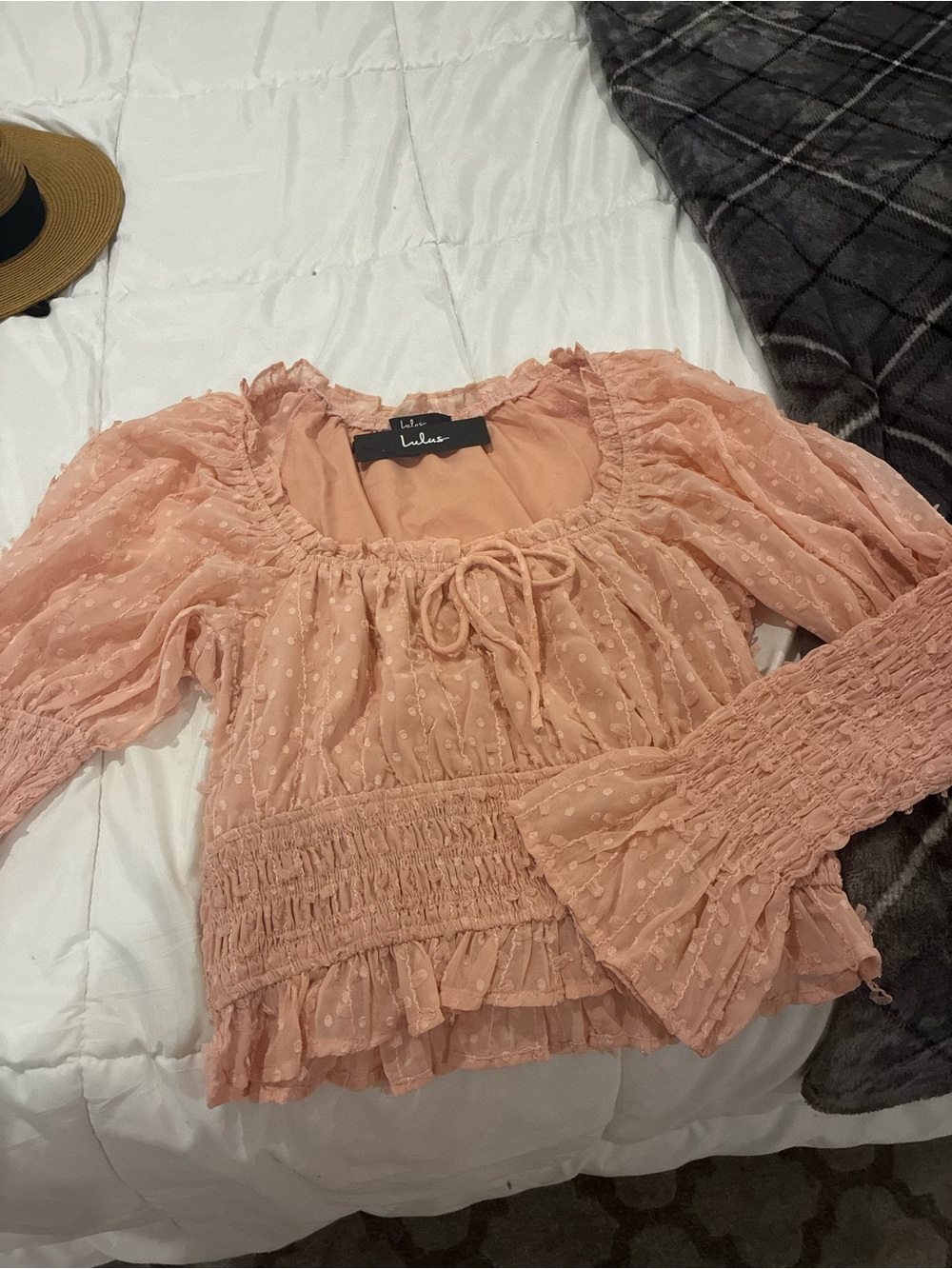 Lulu's Blush Pink Swiss Dot Smocked Peasant Blouse